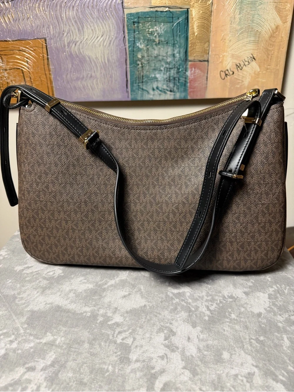 Michael Kors Hobo Brown Logo-Pattern Shoulder Bag with Black Strap
